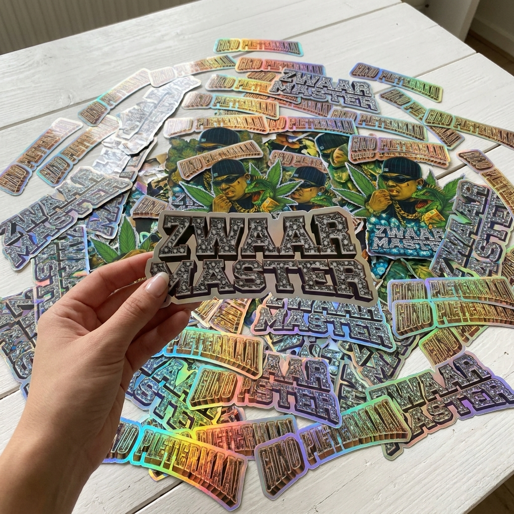 Hand met een Zwaar Master-sticker boven een tafel vol holografische Gino Pietermaai-stickers