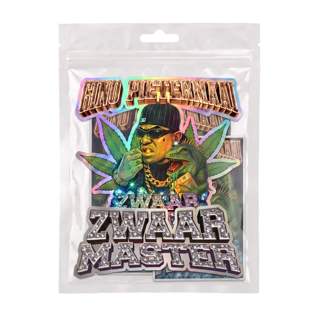 Gino Pietermaai stickerpack in de verpakking, met holografische Gino Pietermaai- en Zwaar Master-stickers