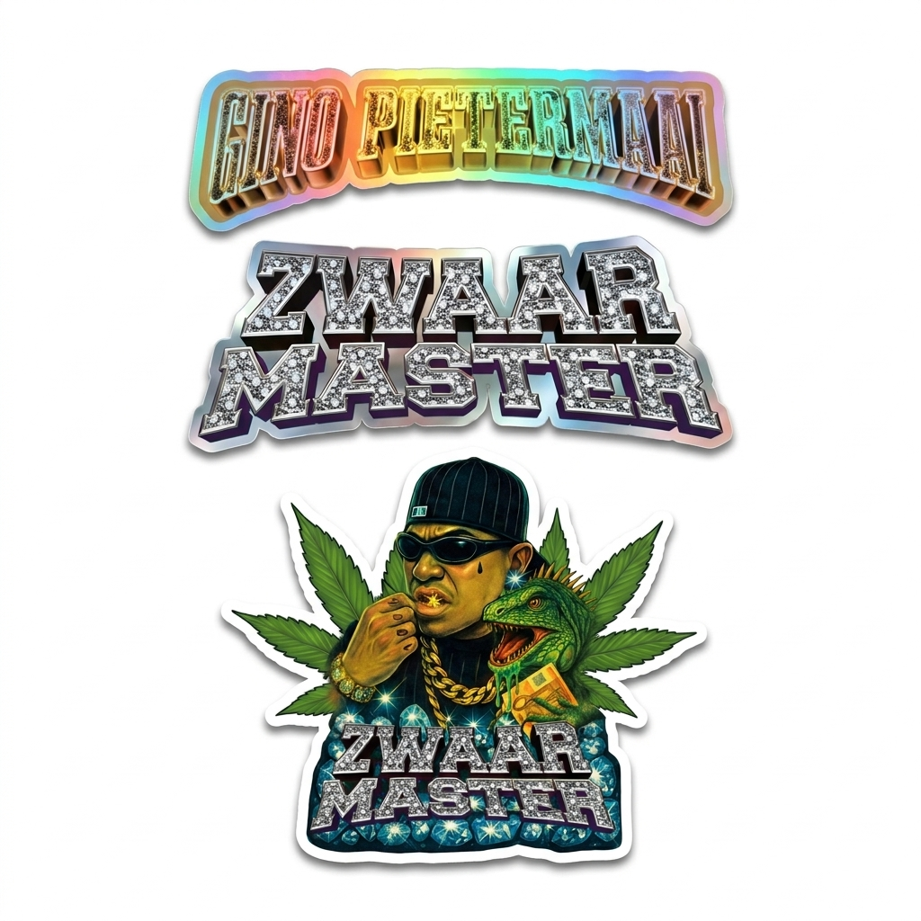 Stickers uit het pack: het holografische Gino Pietermaai-logo, het Zwaar Master-logo en Gino Pietermaai met leguaan
