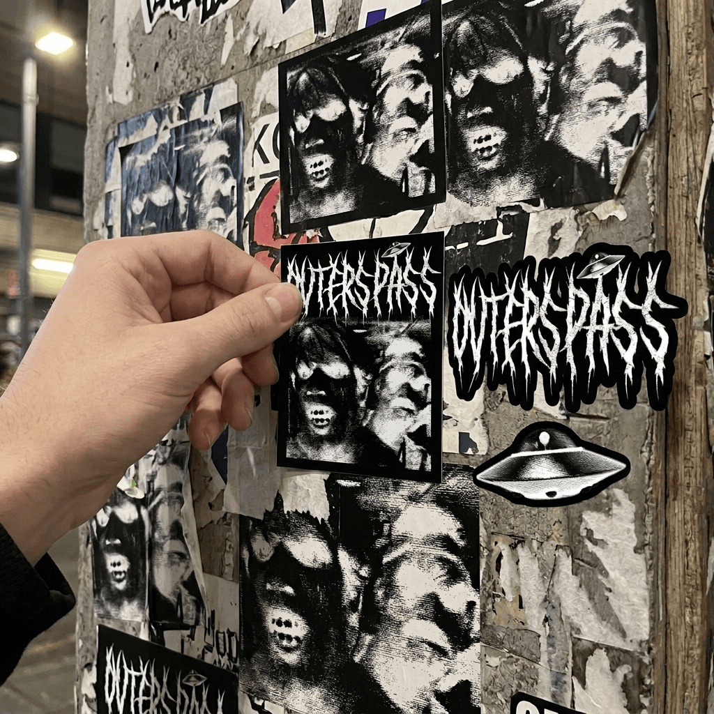Paal volgeplakt met Outerspass stickers