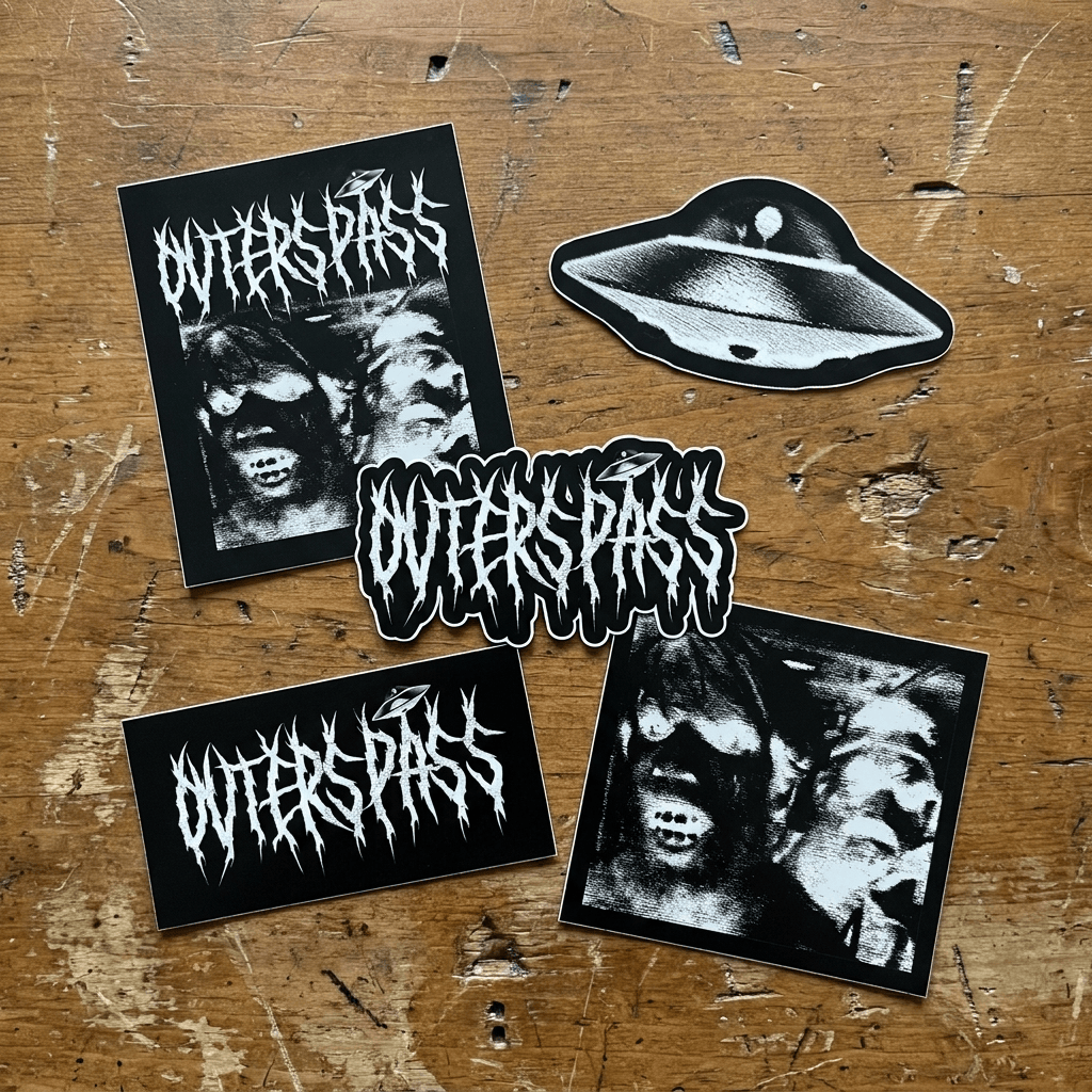 Alle 5 Outerspass stickers op een houten ondergrond