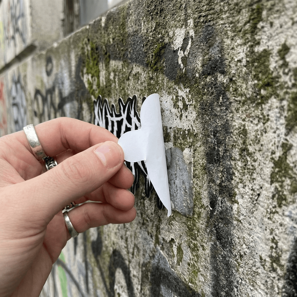 Outerspass logo-sticker wordt op een graffitimuur geplakt
