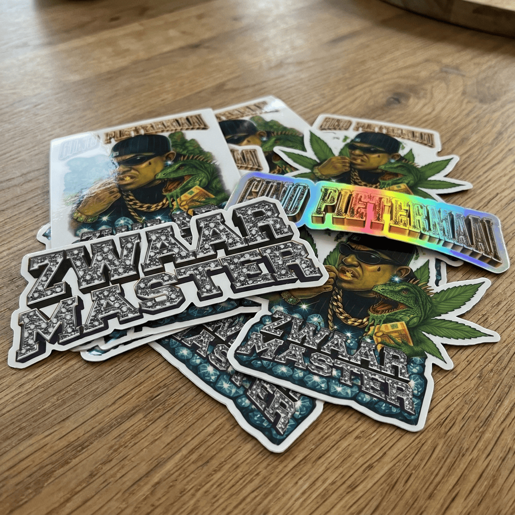 Gino Pietermaai- en Zwaar Master-stickers op een houten tafel