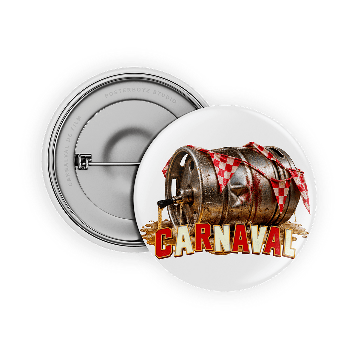 Carnaval button: biervat met vlaggetjes