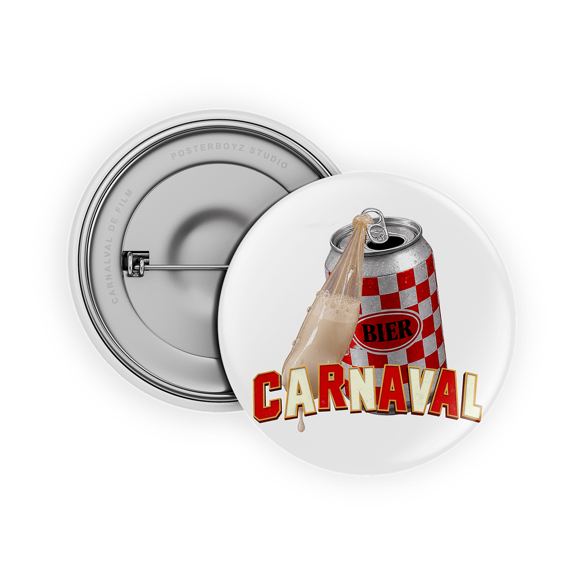 Carnaval button: bierblikje in rood-wit