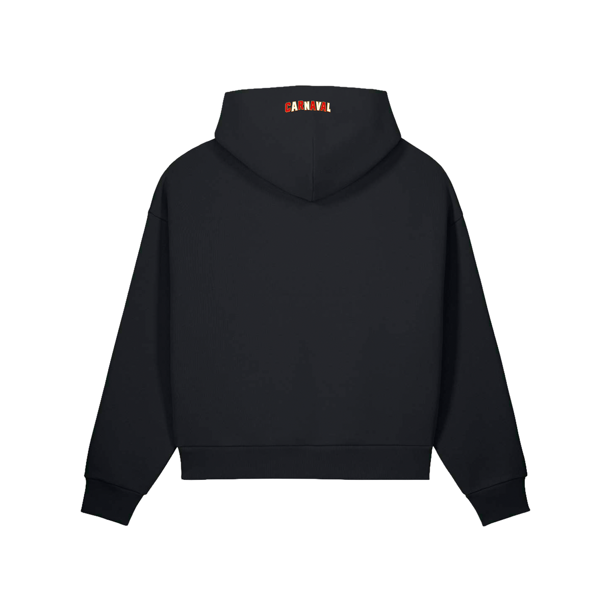 Carnaval (De Film) zwarte hoodie, design Worstenbroodje, achterkant met klein CARNAVAL-logo in de nek