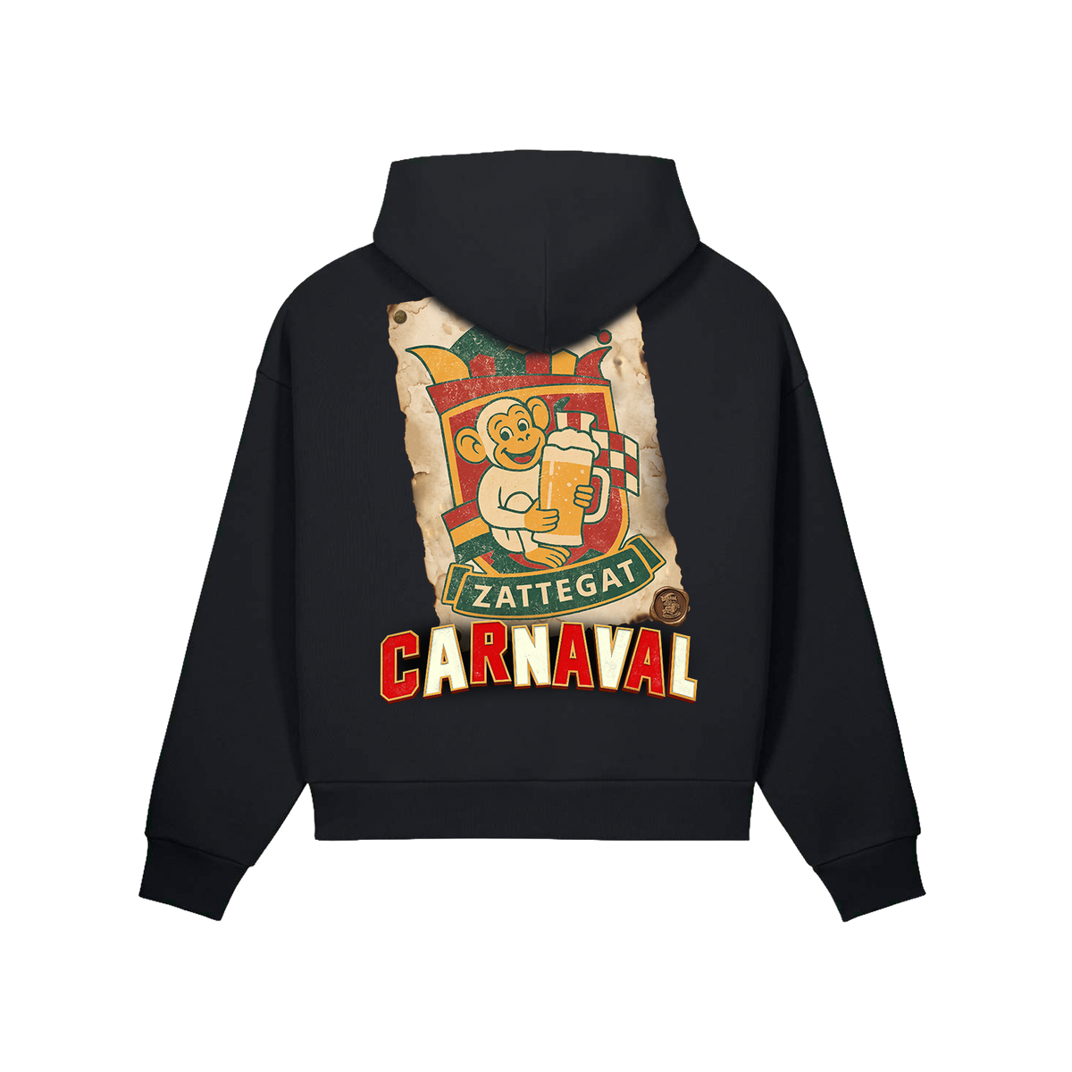 Carnaval (De Film) zwarte hoodie, design Zattegat Aap, achterkant