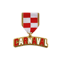 Gouden Carnaval-medaille in de vorm van het CARNAVAL-logo aan een rood-wit geblokt lint