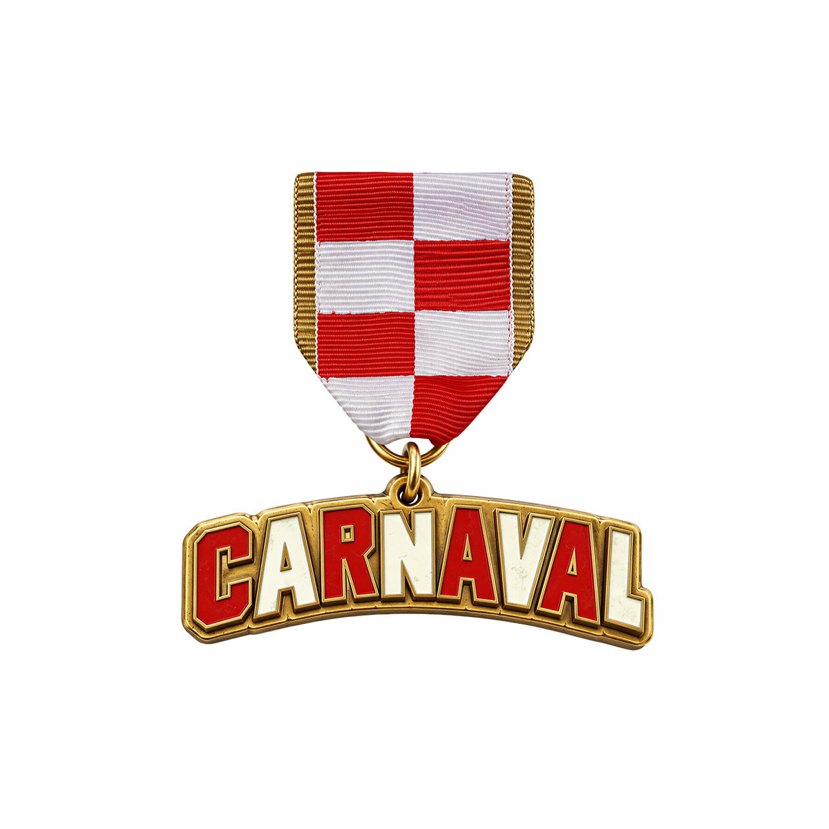 Gouden Carnaval-medaille in de vorm van het CARNAVAL-logo aan een rood-wit geblokt lint