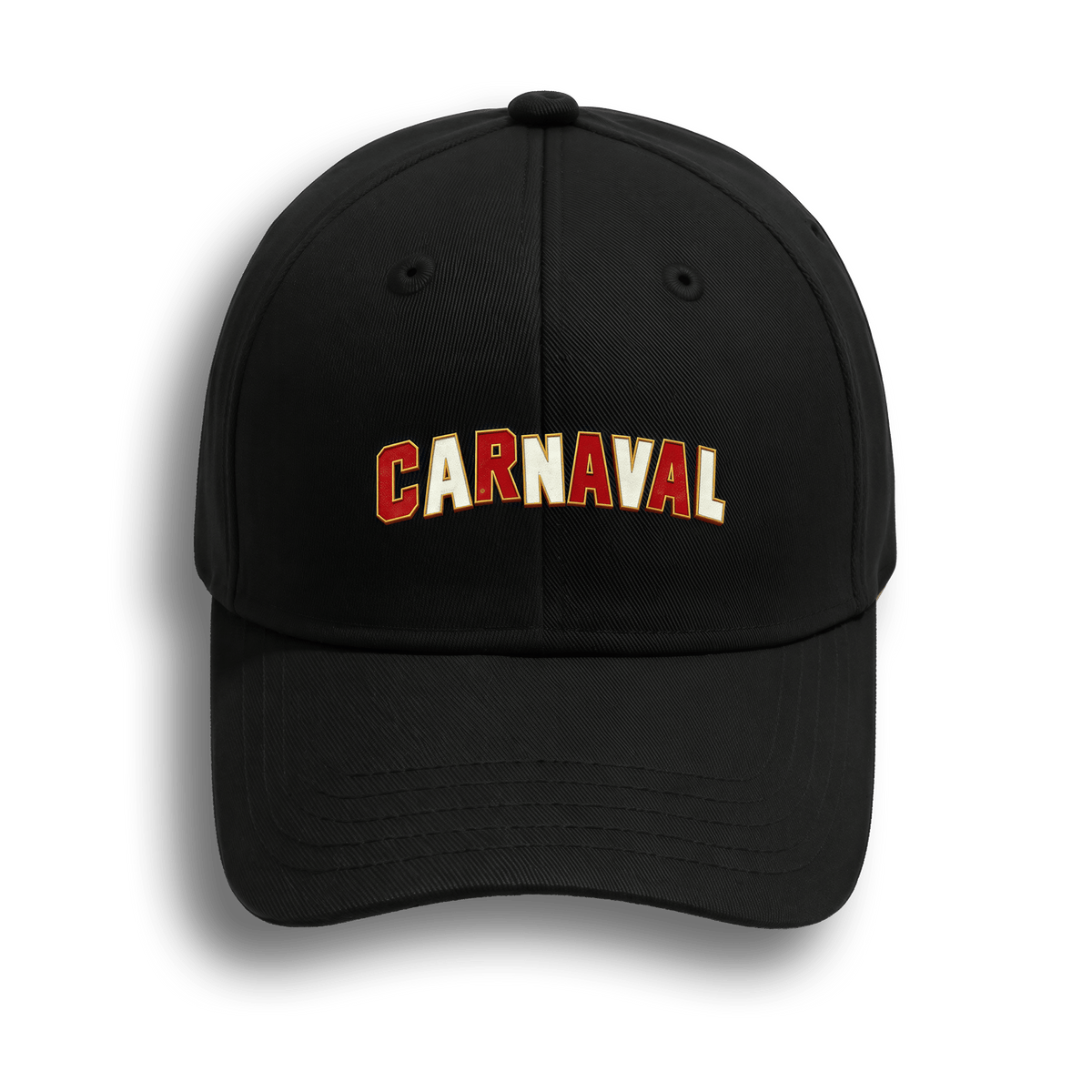 Zwarte Carnaval-pet met het CARNAVAL-logo geborduurd op de voorkant