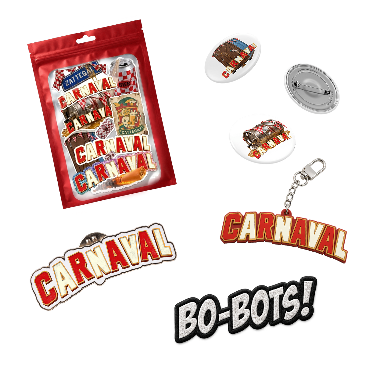 Carnaval (De Film) Pretpakket: stickerpack, twee buttons, sleutelhanger, CARNAVAL-pin en BO-BOTS! patch