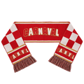 Gebreide Carnaval-sjaal in rood en wit met geblokt patroon, gouden strepen, CARNAVAL-letters en franjes