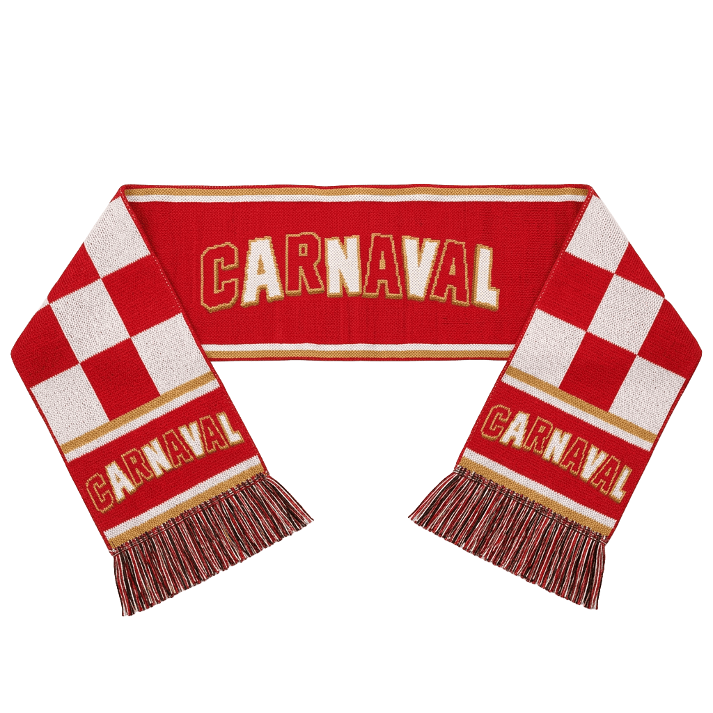 Gebreide Carnaval-sjaal in rood en wit met geblokt patroon, gouden strepen, CARNAVAL-letters en franjes