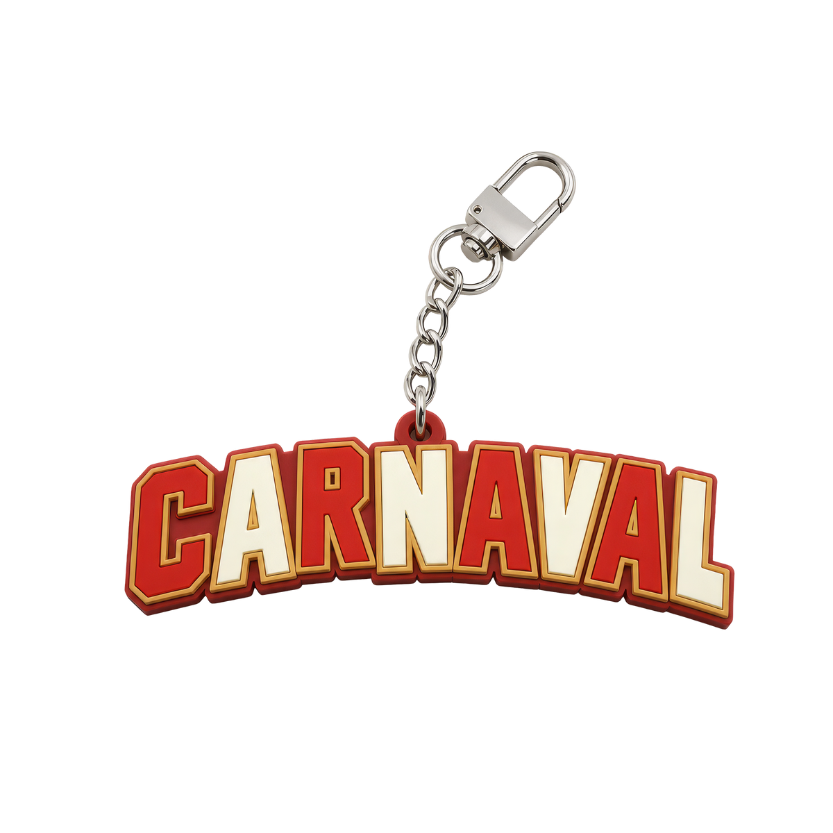 Carnaval-sleutelhanger in de vorm van het CARNAVAL-logo, met een kettinkje en een karabijnsluiting