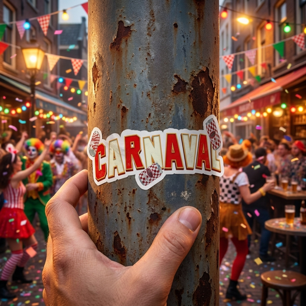 Carnaval-sticker die op een lantaarnpaal wordt geplakt, met een carnavalsfeest op de achtergrond