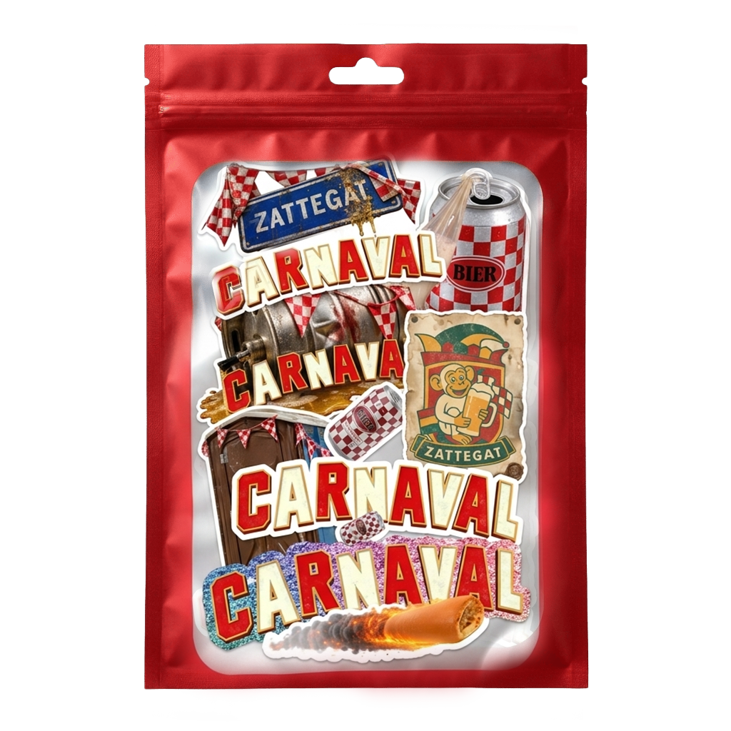 Carnaval-stickerpack: 8 stickers in een rood zakje, waarvan 1 glitter-sticker