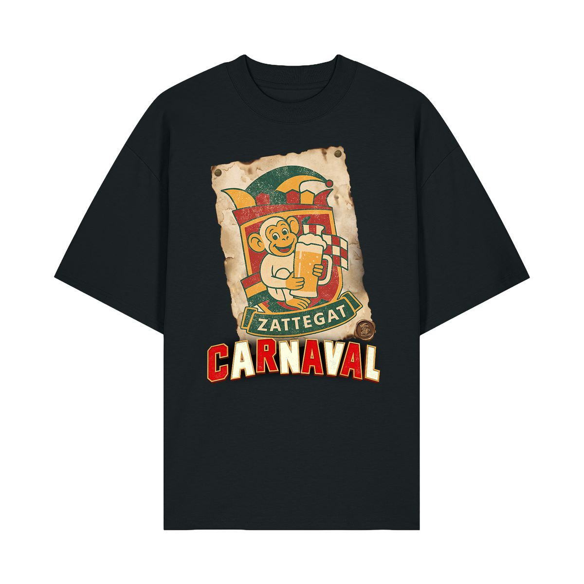 Carnaval (De Film) zwart T-shirt, design Zattegat Aap, voorkant