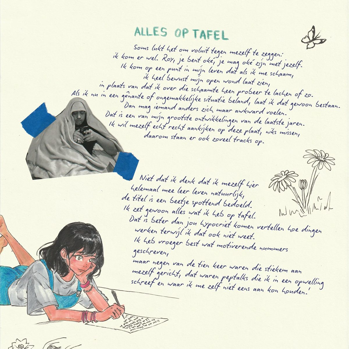 Binnenkant van de gatefold: de tekst ‘Alles op tafel’ van Fresku met tekeningen